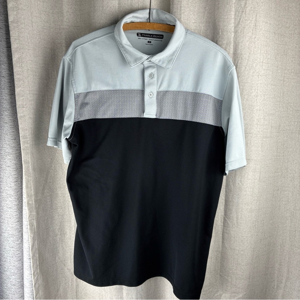 Pebble Beach Polo Shirt Mens Gray Lt Blue Black Dry-Luxe Golf Performance Top L